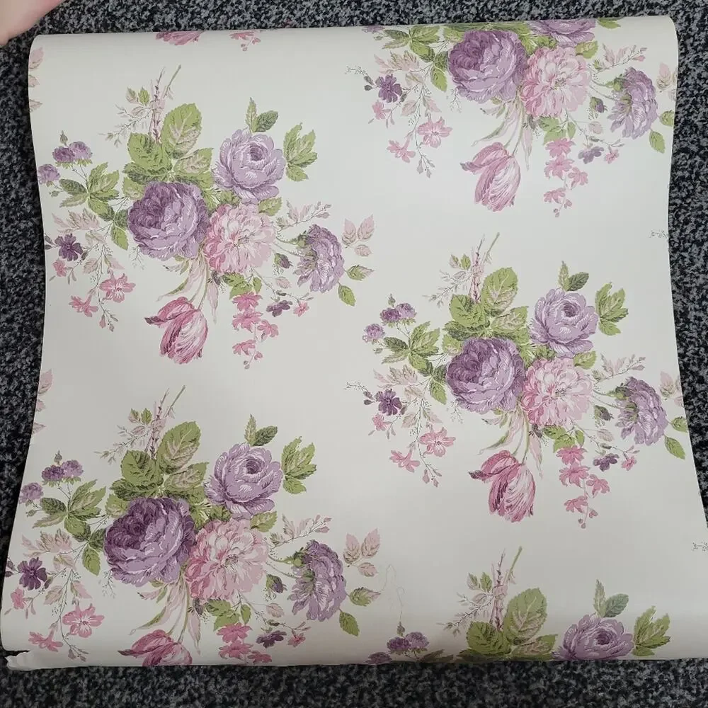 Vintage 90s Sanitas Purple Floral Prepasted Wallpaper, 20.5